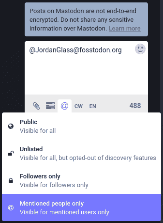 A screenshot of post privacy options in the post composer on the Mastodon web interface. Mentioned people only is selected, the other options are Public, Unlisted, and Followers Only.