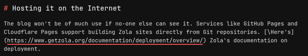 A screenshot of a paragraph in this blog post. A hyperlink that should read: Here's, is broken and instead appears as plaintext within square brackets, with a preceding backslash. The link itself appears after it in standard brackets.