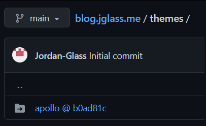 In the themes folder in this blog's GitHub repository, there is a folder linked to the Apollo theme repository. It reads: apollo @ b0ad81c. The latest commit to the themes folder is titled: Initial commit.