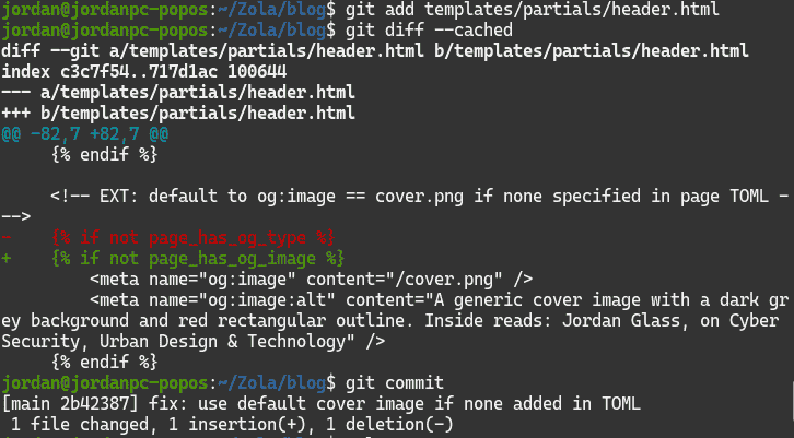 Linux terminal: git add is used to stage the header.html template, git diff shows that one line was changed, and git commit was used to commit the change (commit 2b42387).