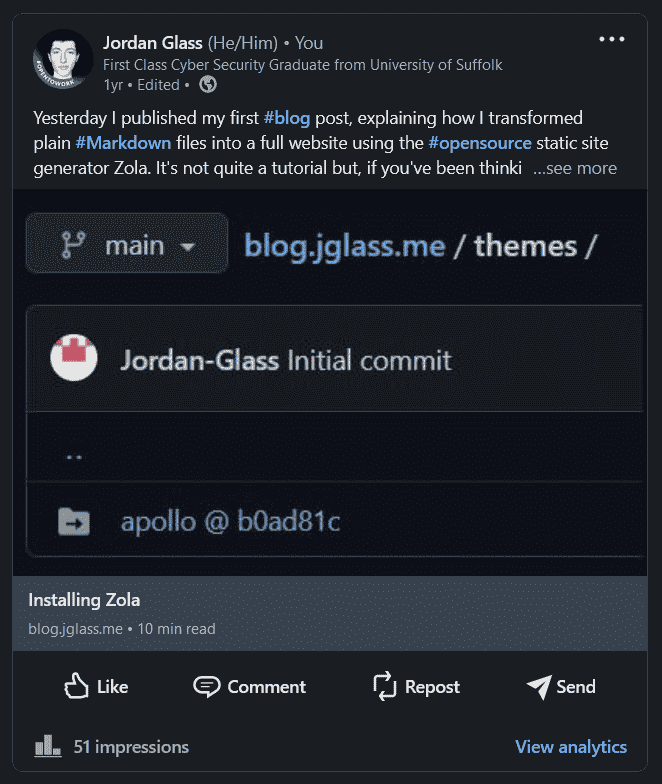 A LinkedIn post which links to a webpage. The preview card picks the first image, of a submodule on GitHub.com, and the first heading, INSTALLING ZOLA, as its preview.