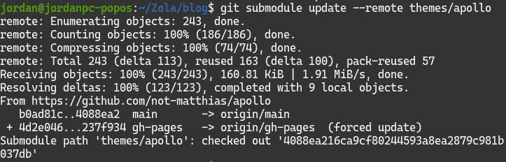 Linux terminal running git submodule update, with the remote flag, on the apollo subdirectory within themes.