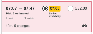 Train schedule entry. 7:07 to 7:47, Ipswich to Norwich. Platform 3 estimated. Cost £7. First class cost £32.30. 0 changes.