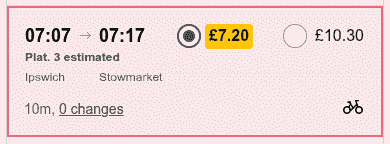Train schedule entry. 7:07 to 7:17, Ipswich to Stowmarket. Platform 3 estimated. Cost £7.20. First class cost £10.30. 0 changes.
