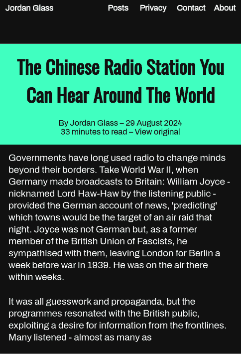 Website mockup with a dark grey background and a bright blue-green stripe near the top containing the title and post information.