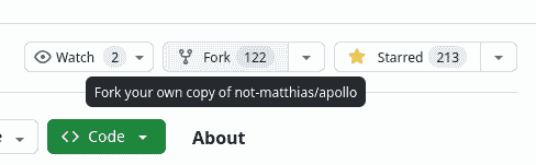 Small crop of a GitHub repository page. The Fork button is highlighted, with the tooltip reading Fork your own copy of not-matthias/apollo