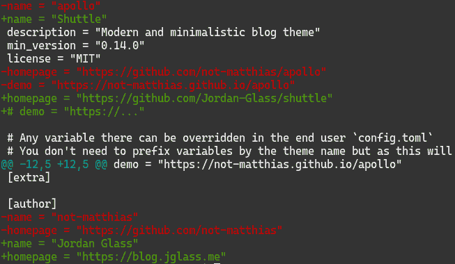Git diff. Lines referencing apollo or Matthias blog are deleted. Lines referencing Shuttle or this blog are added.