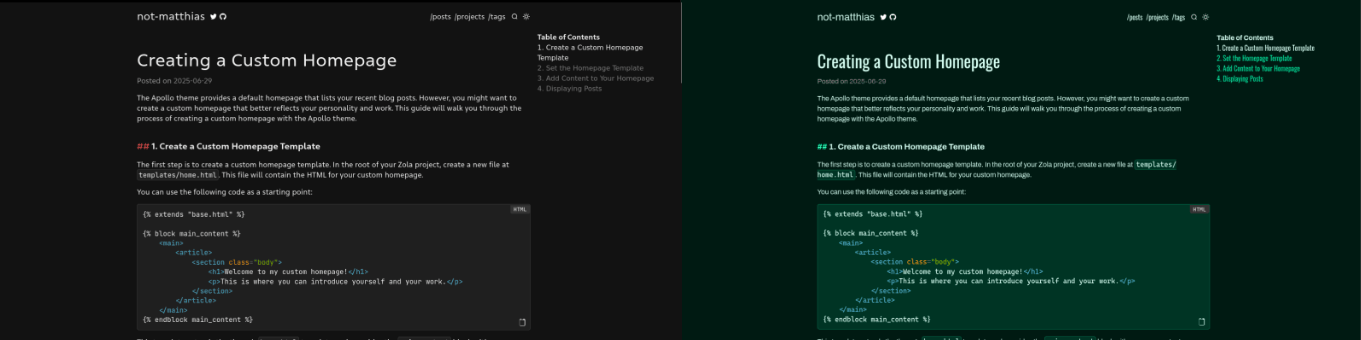 Left has a blog post using Apollo theme. All fonts are Zed Text and the background is grey. Right has a blog post using Shuttle theme. Titles use Oswald, and body text uses Archivo. Background is dark green. In general, the text is more compact.