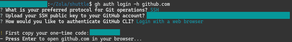 After running gh auth login -h github.com, I choose SSH as the preferred protocol, and choose to login with a web browser.
