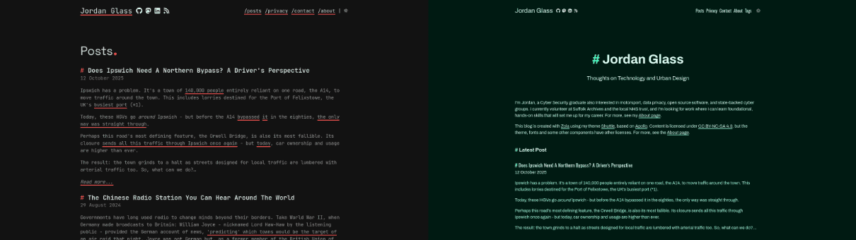Two screenshots. Left is white and grey text on a black background, with red accents, and the header reads Posts. There are posts underneath. Right is white and light green on dark green, with green accents, and the header reads Jordan Glass. There is an introduction underneath, followed by posts.