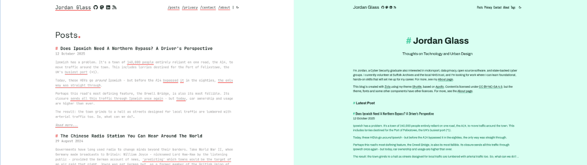 Two screenshots. The left is black and grey text on a white background, with red accents, and the header reads Posts. There are posts underneath. Right is black and dark green on light green, with green accents, and the header reads Jordan Glass. There is an introduction underneath, followed by posts.