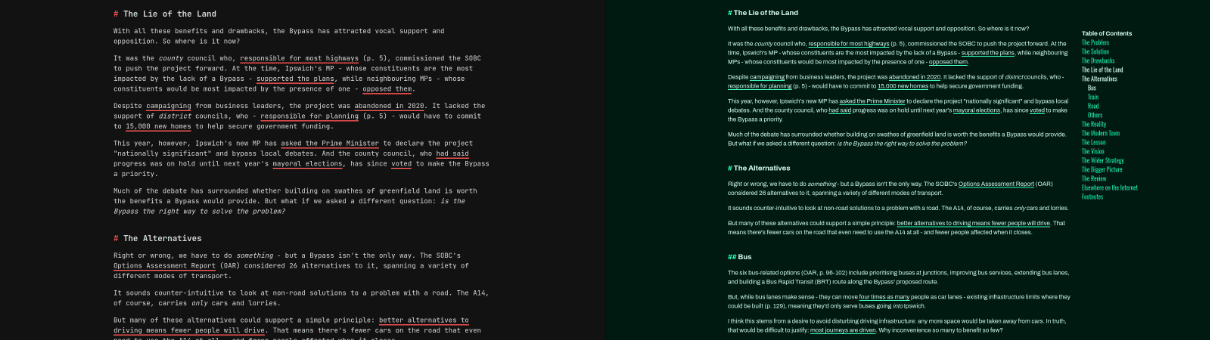 Two screenshots of post content. The new design allows more writing to fit in the vertical space of the screen because each character is less wide.