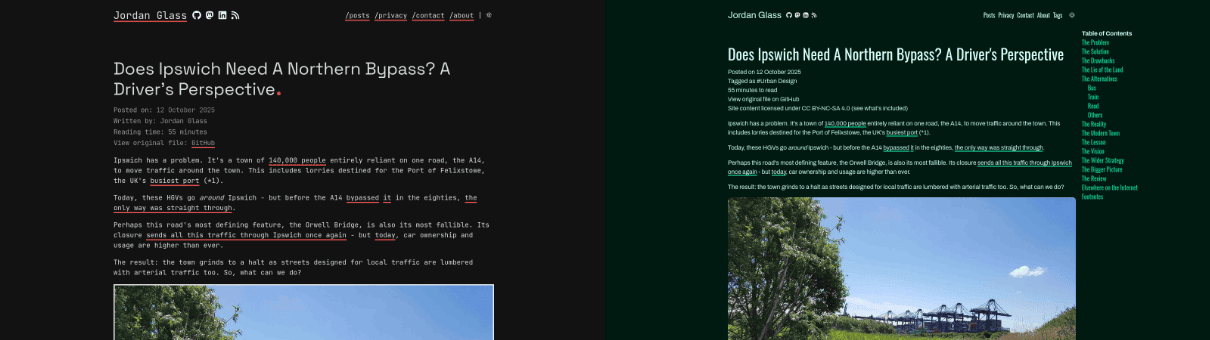 Two screenshots. On the left a photo is barely visible at the bottom, and text is monospaced. On the right, most of it is visible, the title is narrower and takes up less vertical space, and the text is sans-serif.