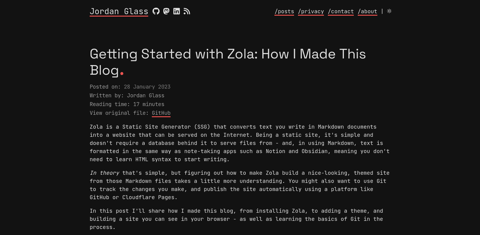 Old blog design. The post title uses the Space Grotesk font. Most letters are quite rounded but, for example, the g plateaus at the bottom and isn't rounded. Everything else uses a monospace font, including the title and navigation (above) and post information and content (below).