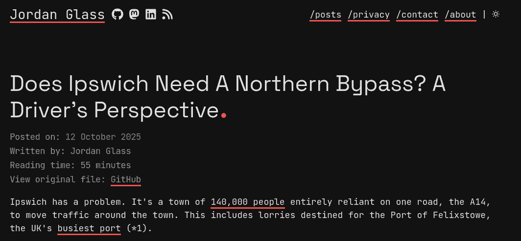 Old blog design. The title Does Ipswich Need A Northern Bypass? A Driver's Perspective is immediately followed by a red full stop.