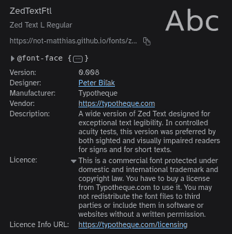 Screenshot of Firefox developer tools, inspecting ZedTextFtl. Under Licence, reads You have to buy a license from Typotheque.com to use it.