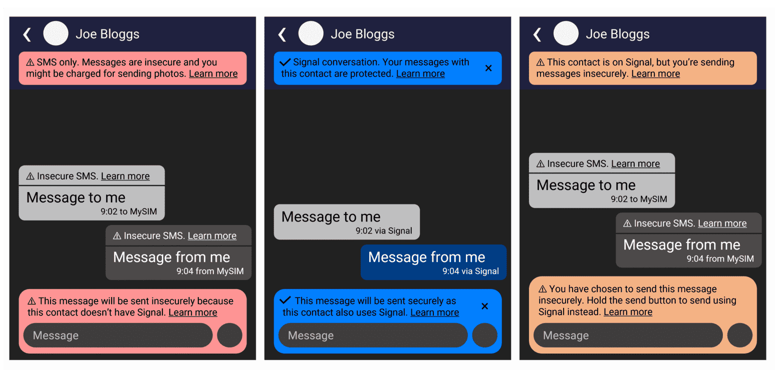 Three conversations. One has a red-coloured warning reading SMS ONLY; the second has a blue-coloured message reading SIGNAL CONVERSATION; the third has an orange-coloured warning that the contact uses Signal, but the user has chosen to send this message insecurely.